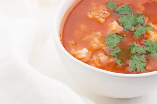 Sopa de tomate con arroz decorado con perejil — Foto de Stock