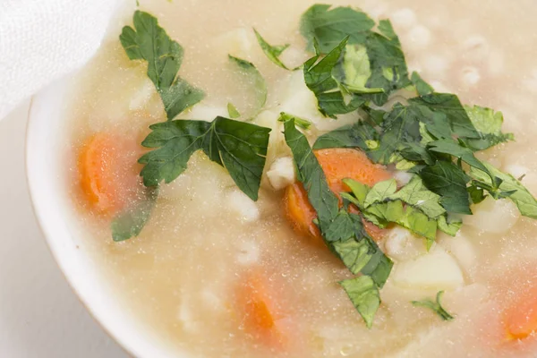 Barley soup, pearl barley in white bowl — Stock Image Barley soup, pearl barley in white bowl Stock Image