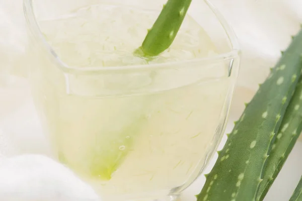 Glassware with fresh aloe vera juice and leaves — Stock Photo, Image