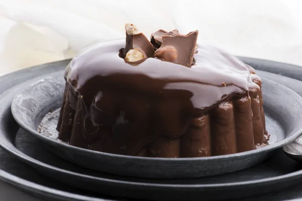 Čokoládový pudink s čokoládovým dresinkem na talíři — Stock fotografie