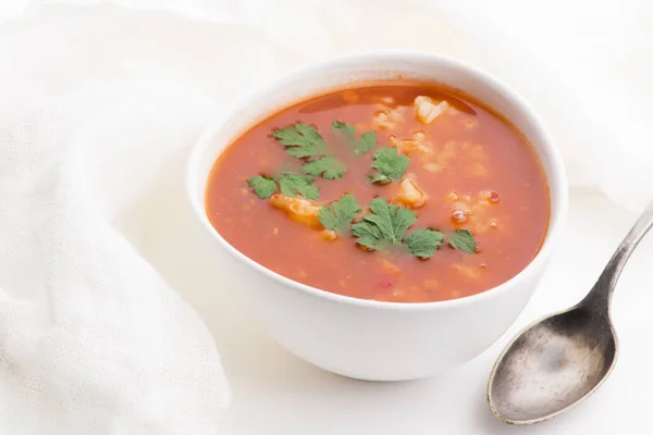 Sopa de tomate con arroz decorado con perejil Imagen de archivo