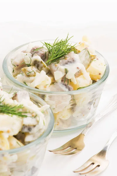 Salladsrasoler av sill, gurka och potatis, beredda med — Stockfoto