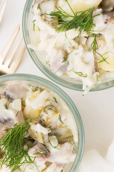 Salad rasols made of herring, cucumber and potato, dressed with — Stock Photo, Image