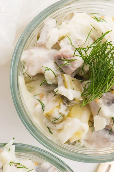 Ragoûts de salade de hareng, concombre et pomme de terre, habillés de — Photo