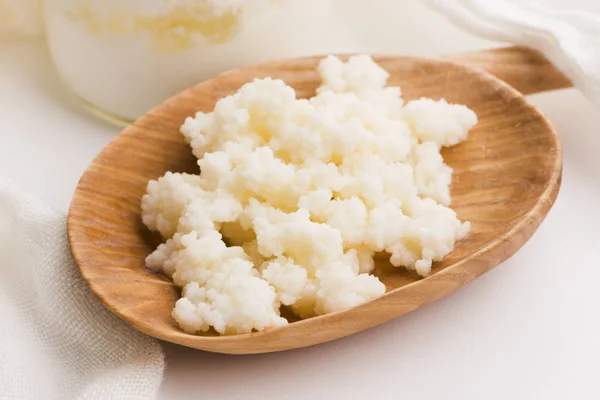 Milch-Kefir-Körner im Löffel. Hefe bakterieller Fermentationsstarter — Stockfoto