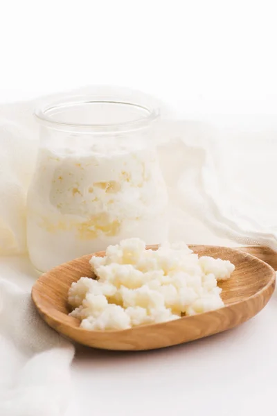 Grani di kefir di latte in cucchiaio. Lievito antipasto fermentazione batterica — Foto Stock