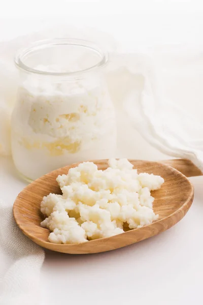 Grãos de kefir de leite na colher. Levedura fermentação bacteriana starter — Fotografia de Stock