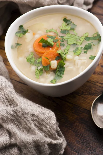 Barley soup, pearl barley in white bowl — Stock Image Barley soup, pearl barley in white bowl Stock Photo