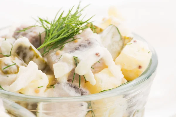 Rasoli di insalata di aringhe, cetrioli e patate, conditi con — Foto Stock