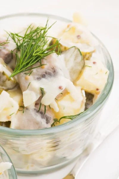 Salad rasols made of herring, cucumber and potato, dressed with — Stock Photo, Image