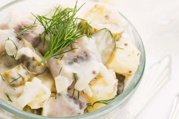 Salad rasols made of herring, cucumber and potato, dressed with — Stock Photo, Image