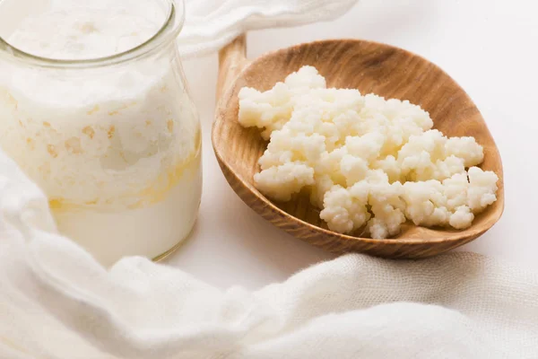 Grani di kefir di latte in cucchiaio. Lievito antipasto fermentazione batterica — Foto Stock