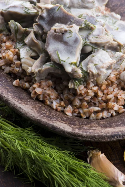 Stomaco di tacchino stufato con verdure e grano saraceno in una ciotola — Foto Stock