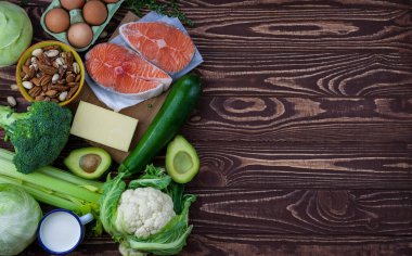 Ketojenik düşük karbonhidrat diyet konsepti. Sağlıklı dengeli gıdaların ürünleri. Yeşil sebze, avokado, fındık, somon, yumurta, süt ürünleri. Sağlıklı gıda konsepti. Ahşap arkaplan, kopyalama alanı, üst görünüm