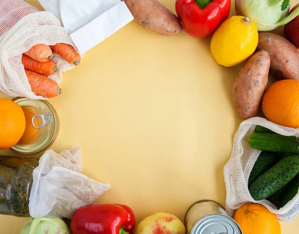 Set Products Donation Canned Food Cereals Fruits Vegetables Yellow Background — Stock Photo, Image