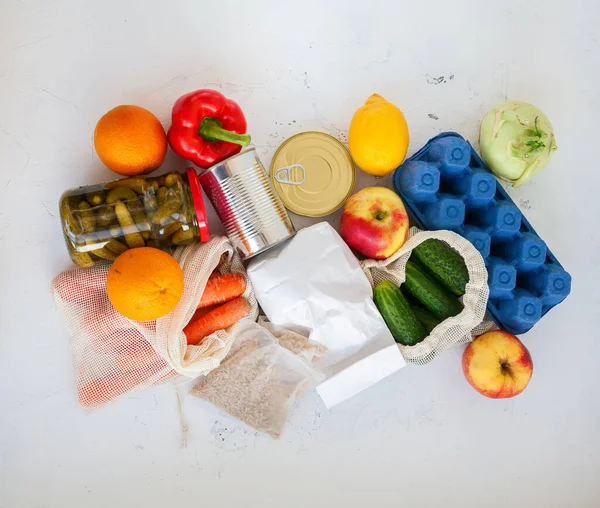 Conjunto Diferentes Productos Para Donación Conservas Alimentos Arroz Huevos Frutas —  Fotos de Stock