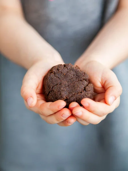 Child Holding Buckwheat Flour Cookie Her Hands Gluten Free Baking — Stock Photo, Image