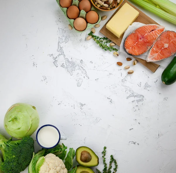 Keto Låg Kolhydrater Diet Uppsättning Produkter Hälsosam Balanserad Mat Gröna — Stockfoto