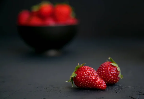 Close Red Fresh Juicy Strawberries Black Background — Stock Photo, Image