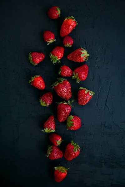 Fresh Red Strawberries Black Background Top View — Stock Photo, Image