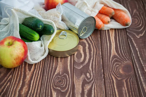 Set Products Home Purveyance Some Them Reusable Bags Canned Food — Stock Photo, Image