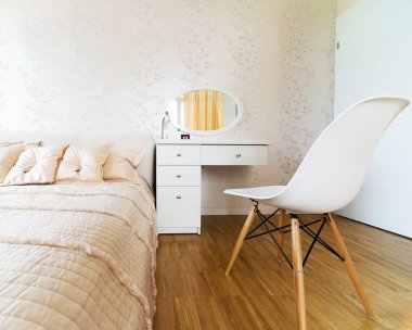 Yatak odasının güzel, modern iç tasarımı. 3d hazırlayıcı 