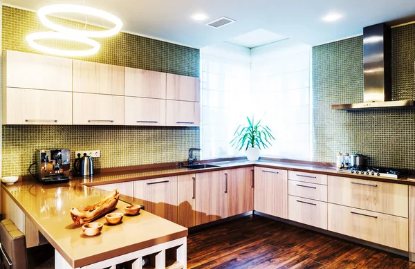 Interior moderno y luminoso de la cocina en una casa de lujo — Foto de Stock