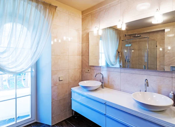带有淋浴和大窗户的现代化浴室的内部 免版税图库照片