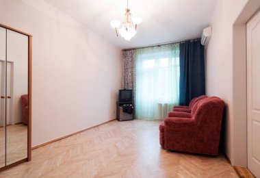Modern bir apartman dairesi, yeni bir evin ortasında oturma odası. 3 boyutlu illüstrasyon. yüksek kaliteli fotoğraf 