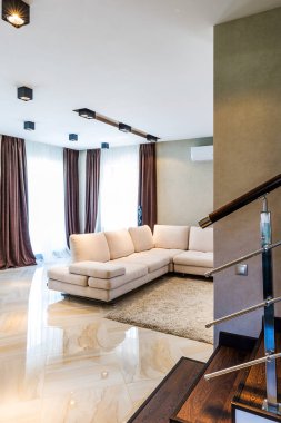 modern oturma odası. Kanepe ve ahşap zemin var. 