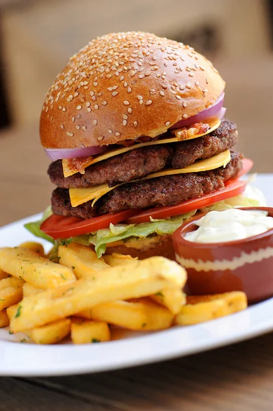 Гамбургер з картоплею фрі і майонезом на тарілці — стокове фото