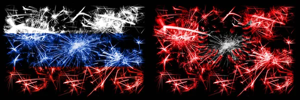 Russia, Russian vs Albania, Albanian New Year celebration sparkling fireworks flags concept background. Combination of two states flags — Stock Photo, Image