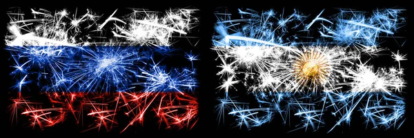 Russie, Russie vs Argentine, célébration du Nouvel An argentin feux d'artifice scintillants fond concept de drapeaux. Combinaison de deux drapeaux d'états — Photo