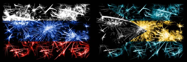 Russia, Russian vs Bahamas, Bahamian New Year celebration sparkling fireworks flags concept background. Combination of two states flags