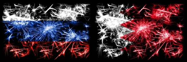 Russia, Russian vs Bahrain, Bahrani New Year celebration sparkling fireworks flags concept background. Combination of two states flags — Stock Photo, Image