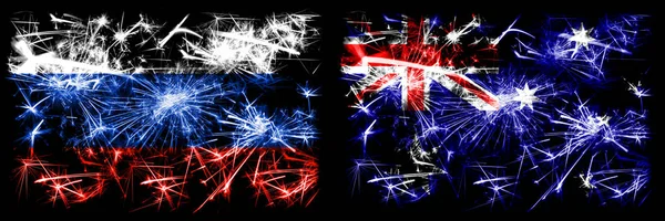 Rússia, Rússia vs Austrália, celebração do Ano Novo australiano fogos de artifício cintilantes bandeiras fundo conceito. Combinação de dois pavilhões dos Estados — Fotografia de Stock