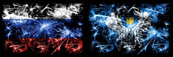 Russia, Russian vs Commonwealth New Year celebration sparkling fireworks flags concept background. Combination of two states flags — Stock Photo, Image