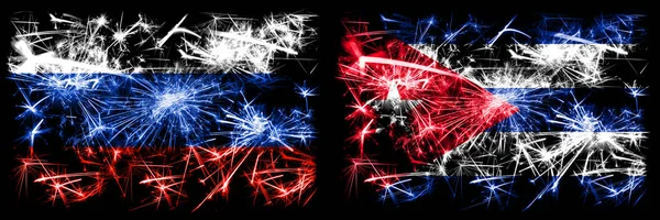 Rusia, Rusia vs Cuba, celebración del Año Nuevo cubano brillante banderas de fuegos artificiales concepto de fondo. Combinación de dos banderas de estados —  Fotos de Stock