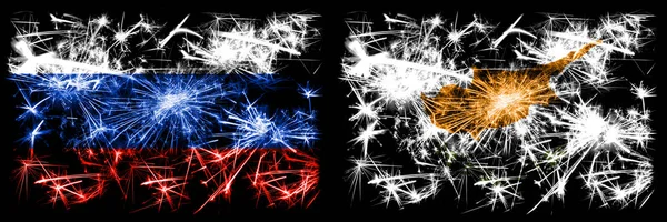 Russia, Russian vs Cyprus, Cyprian New Year celebration sparkling fireworks flags concept background. Combination of two states flags — Stock Photo, Image