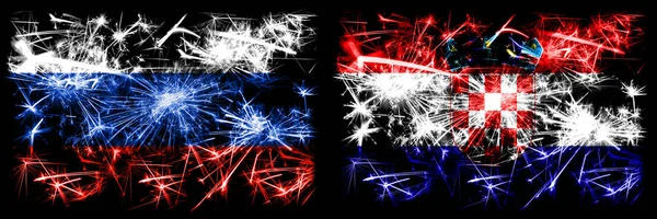 Rússia, Rússia vs Croácia, celebração do Ano Novo croata fogos de artifício espumantes bandeiras fundo conceito. Combinação de dois pavilhões dos Estados — Fotografia de Stock