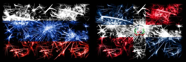 Rusia, Rusia vs República Dominicana Año Nuevo celebración chispeante banderas de fuegos artificiales concepto de fondo. Combinación de dos banderas de estados —  Fotos de Stock