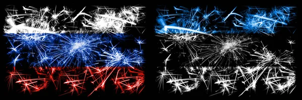 Russia, Russian vs Estonia, Estonian New Year celebration sparkling fireworks flags concept background. Combination of two states flags — Stock Photo, Image