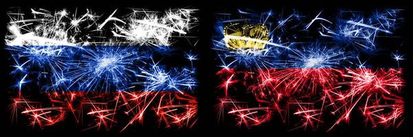 Rússia, Rússia vs Liechtenstein, comemoração de Ano Novo de chaltensteins fogos de artifício cintilantes fundo conceito bandeiras. Combinação de dois pavilhões dos Estados — Fotografia de Stock