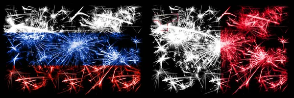 Russie, Russie vs Malte, célébration du Nouvel An maltais feux d'artifice scintillants fond concept de drapeaux. Combinaison de deux drapeaux d'états — Photo