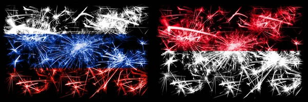 Rússia, Rússia vs Mônaco, Monacan celebração Ano Novo fogos de artifício cintilantes bandeiras fundo conceito. Combinação de dois pavilhões dos Estados — Fotografia de Stock