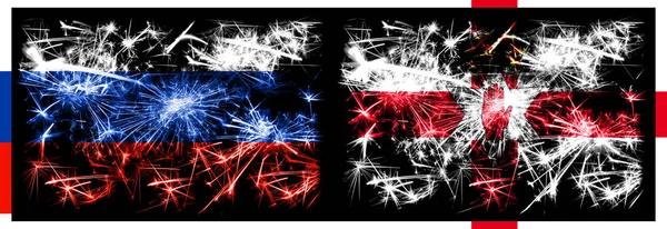 Rússia, Rússia vs Irlanda do Norte celebração Ano Novo fogos de artifício cintilantes bandeiras fundo conceito. Combinação de dois pavilhões dos Estados — Fotografia de Stock