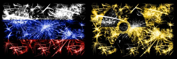 Russia, Russian vs Nuclear, radioactive, radiation, hazard New Year celebration sparkling fireworks flags concept background. Combination of two states flags