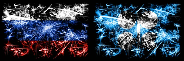 Russia, Russian vs OPEC New Year celebration sparkling fireworks flags concept background. Combination of two states flags — Stock Photo, Image