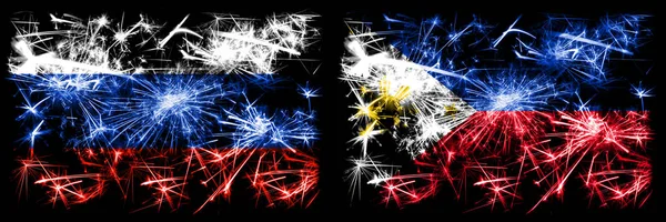 Rússia, Rússia vs Filipinas, filipino celebração Ano Novo fogos de artifício cintilantes bandeiras fundo conceito. Combinação de dois pavilhões dos Estados — Fotografia de Stock