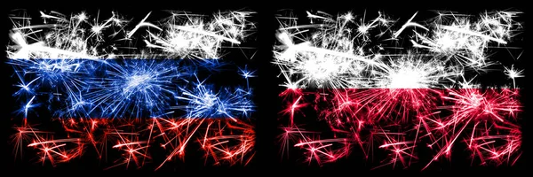 Rússia, Rússia vs Polônia, celebração do Ano Novo polonês fogos de artifício cintilantes bandeiras fundo conceito. Combinação de dois pavilhões dos Estados — Fotografia de Stock